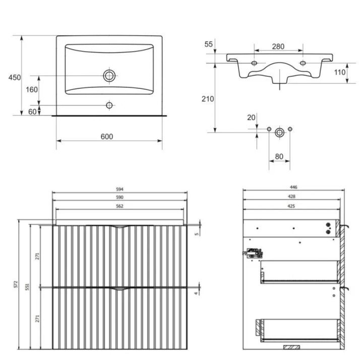 Meuble salle de bain - 60 cm - avec plan vasque - striée cachemire mat - à suspendre - Tirso