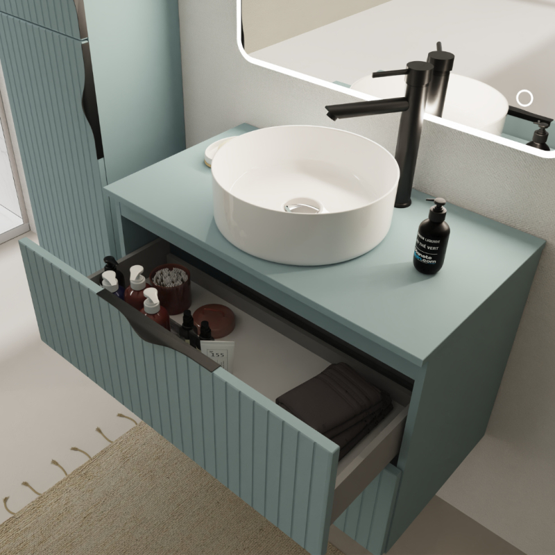 Meuble Salle De Bain Suspendu VUTOMA 80 Cm – Avec Vasque Ronde à Poser, 2 Tiroirs, Vert, Fabrication Européenne