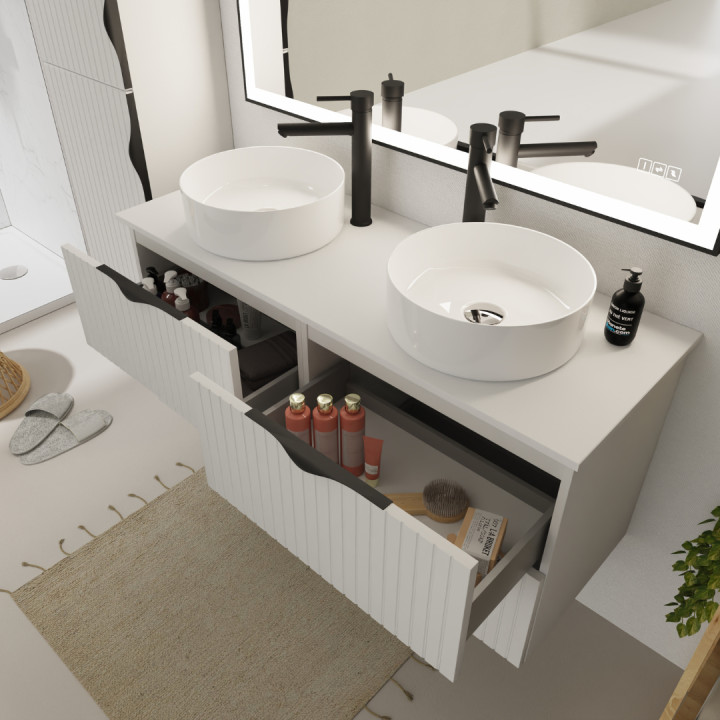 Meuble salle de bain - 120 cm - avec plan uniquement - striée blanc mat - à suspendre - Tirso