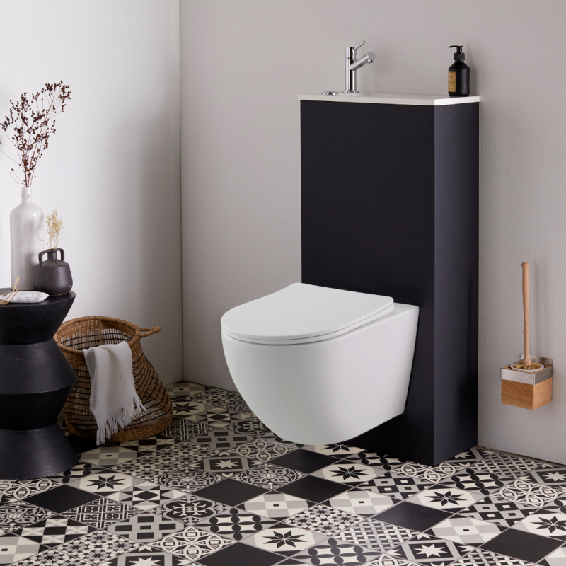 Pack WC suspendu Cyrus avec cuvette blanc mat sans bride et lave mains integre