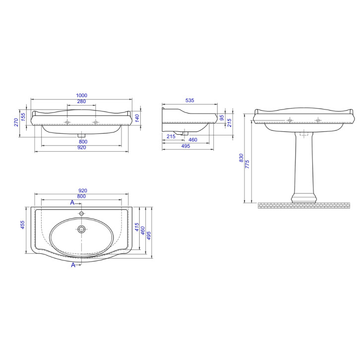 Lavabo colonne rétro 100x87 cm en céramique blanc