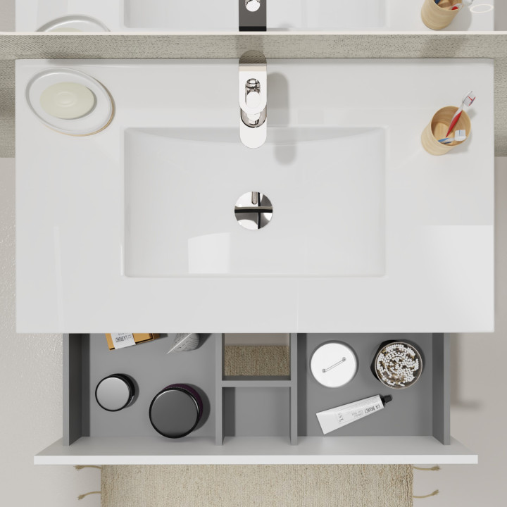Meuble salle de bain 80 cm A poser - Plan vasque céramique - Blanc mat - Karaib 2