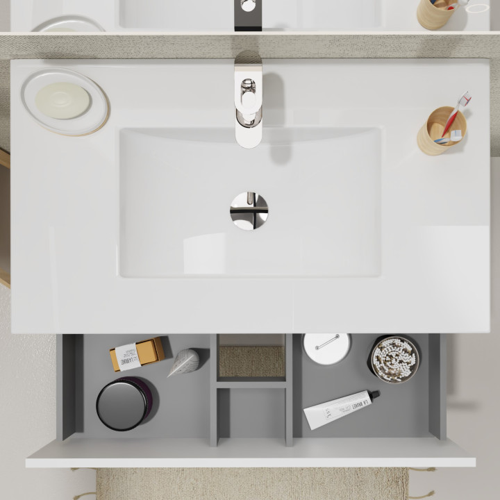 Meuble salle de bain 80 cm - Plan vasque céramique - Blanc mat - A suspendre - Karaib 2