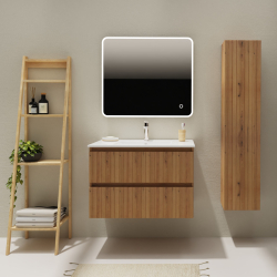 Meuble salle de bain 80 cm - Plan vasque céramique - Effet bois strié - A suspendre - Karaib 2