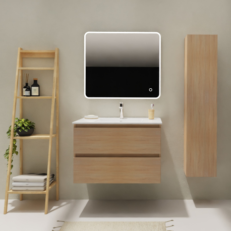 Meuble salle de bain 80 cm - Plan vasque céramique - Effet chêne sonoma - A suspendre - Karaib 2