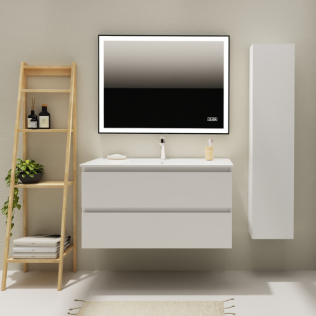 Meuble salle de bain 100 cm - Plan vasque céramique - Blanc mat - A suspendre - Karaib 2