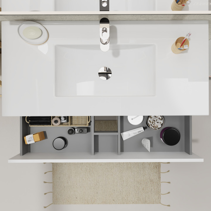 Meuble salle de bain 100 cm - Plan vasque céramique - Blanc mat - A suspendre - Karaib 2
