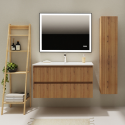 Meuble salle de bain 100 cm - Plan vasque céramique - Effet bois strié - A suspendre - Karaib 2
