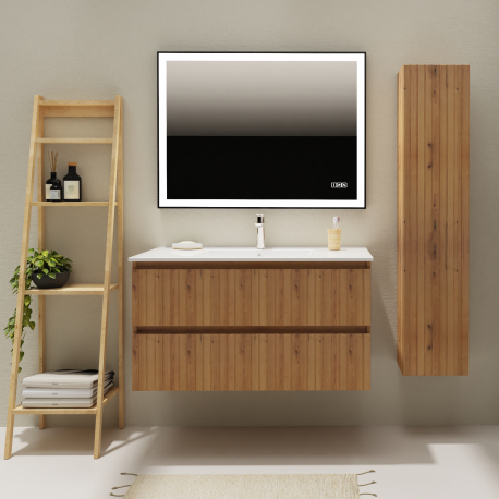 Meuble salle de bain 100 cm - Plan vasque céramique - Effet bois strié - A suspendre - Karaib 2
