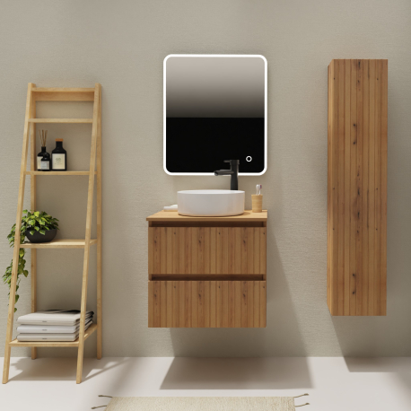 Meuble salle de bain 60 cm pour vasque à poser - Effet bois strié - A suspendre - Karaib 2