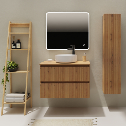 Meuble salle de bain 80 cm pour vasque à poser - Effet bois strié - A suspendre - Karaib 2