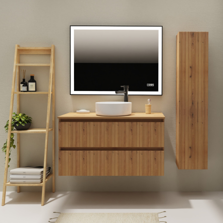 Meuble salle de bain 100 cm pour vasque à poser - Effet bois strié - A suspendre - Karaib 2
