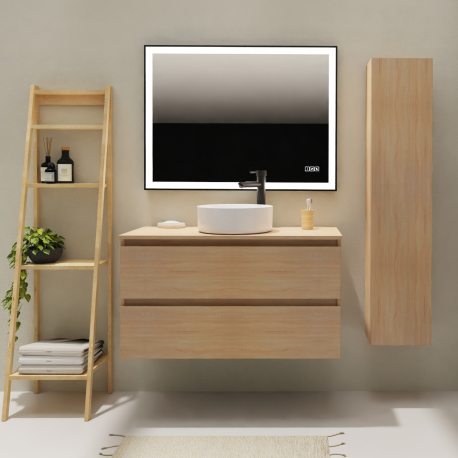 Meuble salle de bain 100 cm pour vasque à poser - Effet chêne sonoma - A suspendre - Karaib 2
