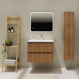Meuble salle de bain 70 cm - Plan vasque Solid surface - Effet bois strié - A suspendre - Karaib 2