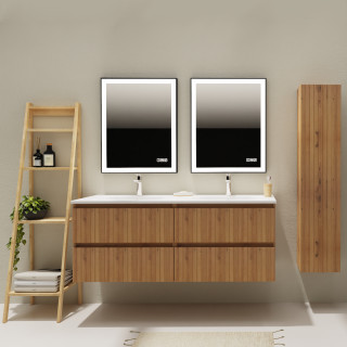 Meuble salle de bain 140 cm - Double vasque Solid surface - Effet bois strié - A suspendre - Karaib 2