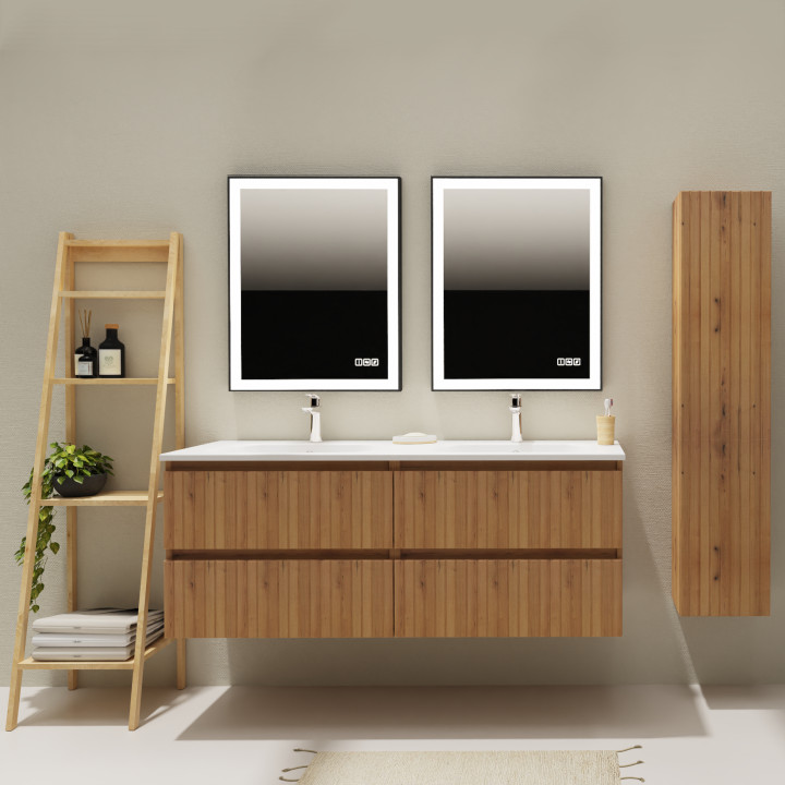 Meuble salle de bain 140 cm - Double vasque Solid surface - Effet bois strié - A suspendre - Karaib 2