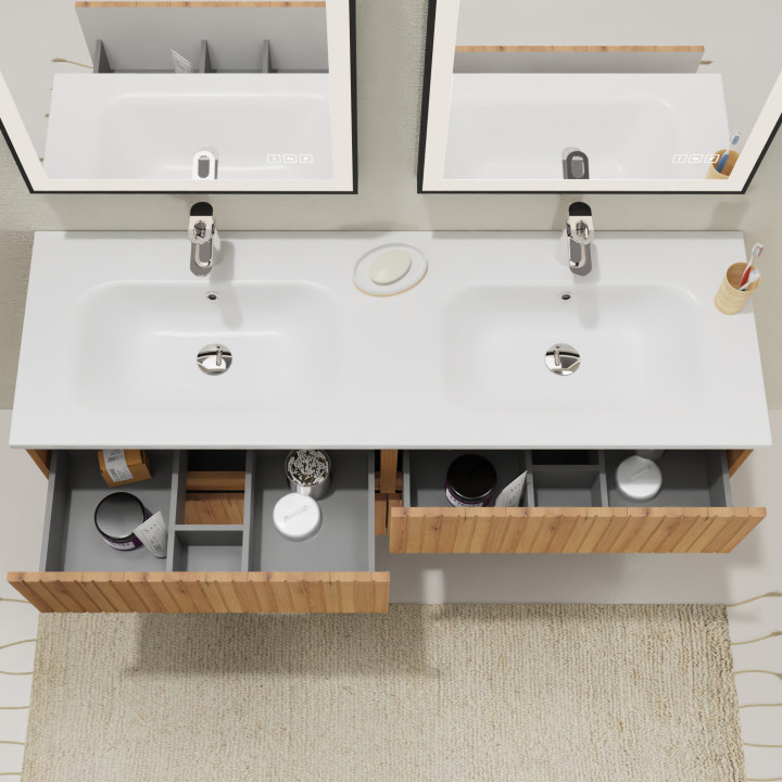 Meuble salle de bain 140 cm - Double vasque Solid surface - Effet bois strié - A suspendre - Karaib 2