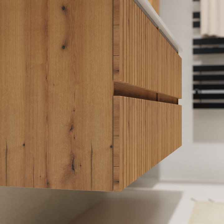 Meuble salle de bain 140 cm - Double vasque Solid surface - Effet bois strié - A suspendre - Karaib 2