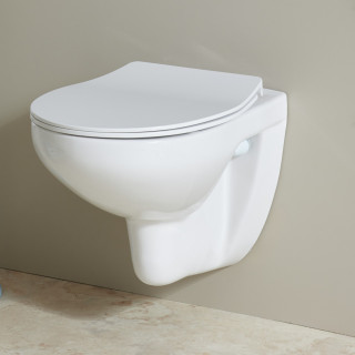 Cuvette WC suspendu NF sans bride en céramique avec abattant frein de chute - Geo