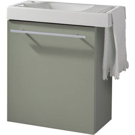 Meuble vert mat Solo avec lave-mains et porte serviette intégré pour Robinet à gauche