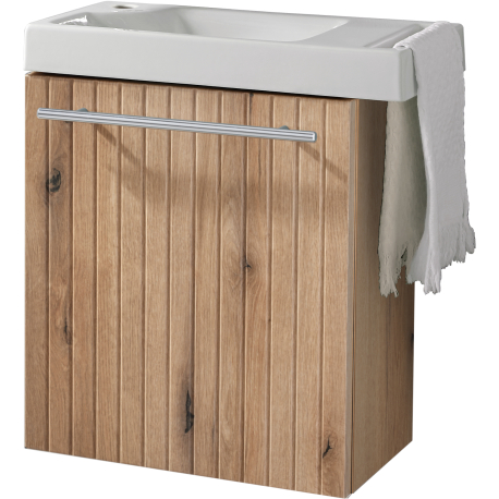 Meuble Strié Bois Solo avec lave-mains et porte serviette intégré pour Robinet à gauche