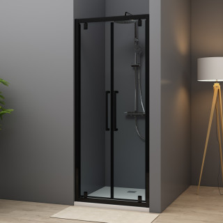 Porte de douche double battant 80x200 cm Aluminium noir mat verre de sécurité 6 mm anticalcaire réversible