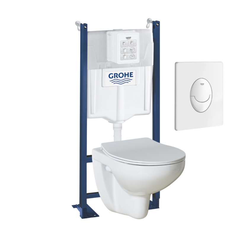 PROMO Pack WC bâti-support universel Grohe rapid sl project + cuvette suspendue sans bride Geo NF + plaque blanche - PlaneteBain.com