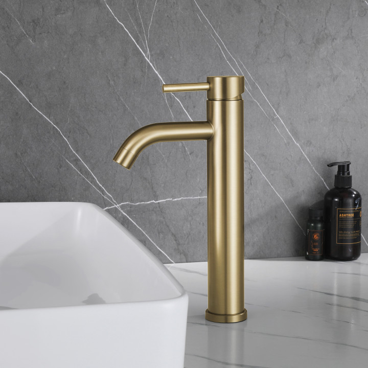 Mitigeur lavabo haut inox brossé doré avec bonde H 29.3 cm - Alois