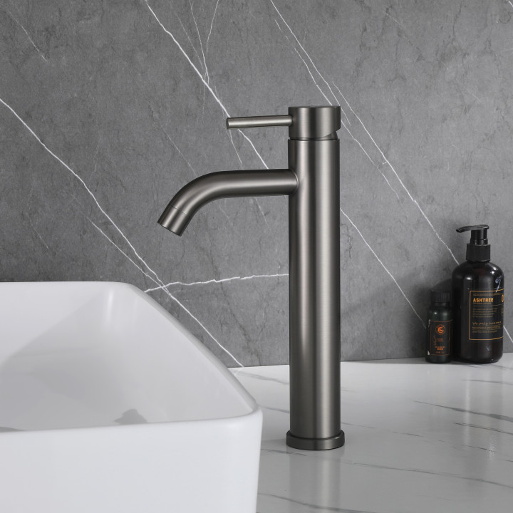 Mitigeur lavabo haut inox brossé gun metal avec bonde H 29.3 cm- Alois