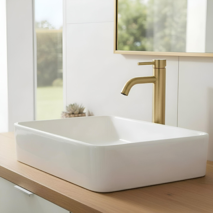 Mitigeur lavabo haut inox brossé doré avec bonde H 29.3 cm - Alois