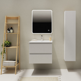 Meuble salle de bain 60 cm - Plan vasque céramique - Blanc strié mat - A suspendre - Karaib 2