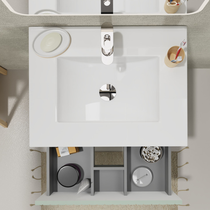 Meuble salle de bain 60 cm - Plan vasque céramique - Vert strié mat - A suspendre - Karaib 2
