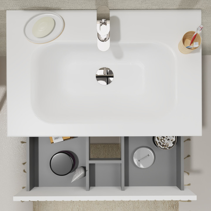 Meuble salle de bain 70 cm - Plan vasque Solid surface - Blanc strié mat - A suspendre - Karaib 2