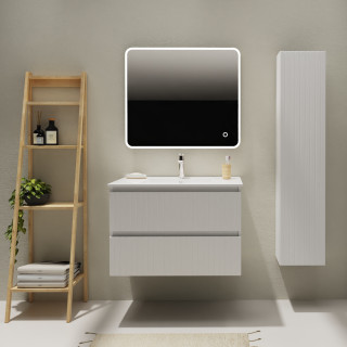 Meuble salle de bain 80 cm - Plan vasque céramique - Blanc strié mat - A suspendre - Karaib 2