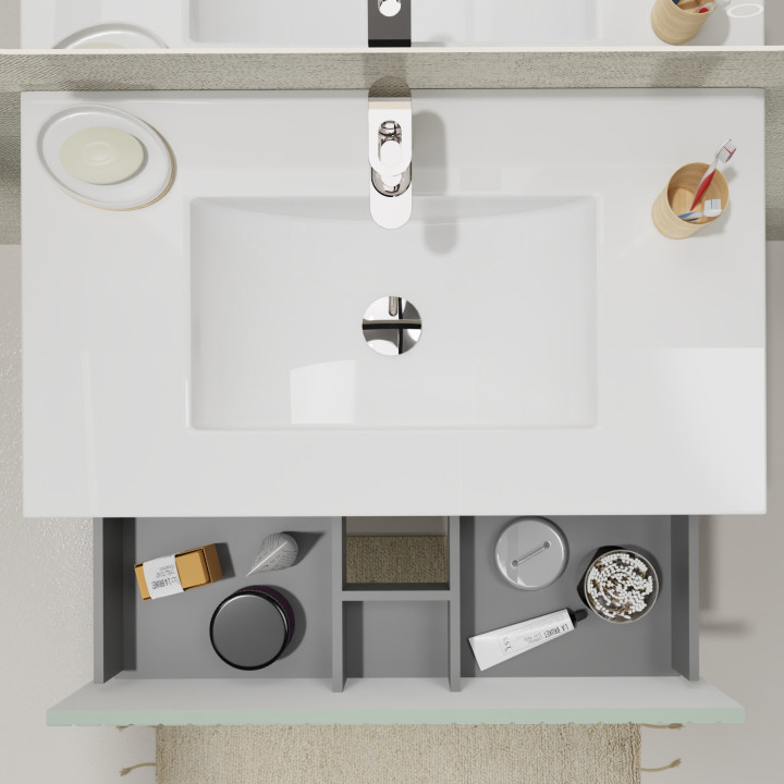 Meuble salle de bain 80 cm - Plan vasque céramique - Vert strié mat - A suspendre - Karaib 2