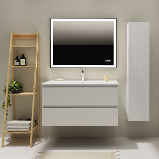 Meuble salle de bain 100 cm - Plan vasque céramique - Blanc strié mat - A suspendre - Karaib 2