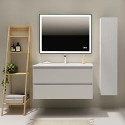 Meuble salle de bain 100 cm - Plan vasque céramique - Blanc strié mat - A suspendre - Karaib 2