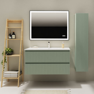 Meuble salle de bain 100 cm - Plan vasque céramique - Vert strié mat - A suspendre - Karaib 2