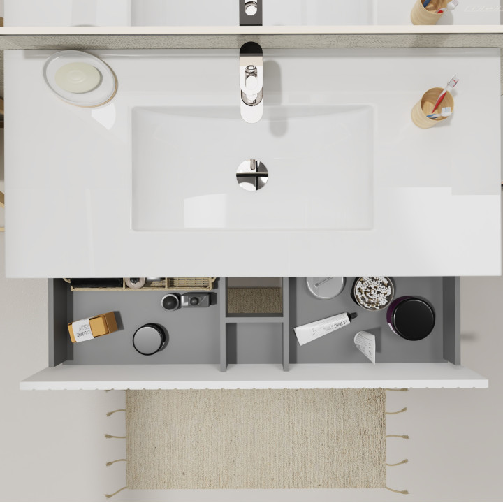 Meuble salle de bain 100 cm - Plan vasque céramique - Blanc strié mat - A suspendre - Karaib 2