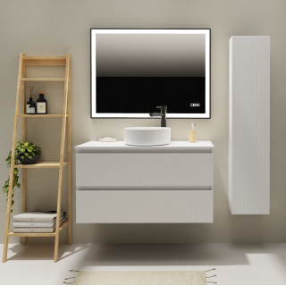 Meuble salle de bain 100 cm pour vasque à poser - Blanc strié mat - A suspendre - Karaib 2