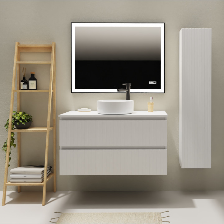 Meuble salle de bain 100 cm pour vasque à poser - Blanc strié mat - A suspendre - Karaib 2