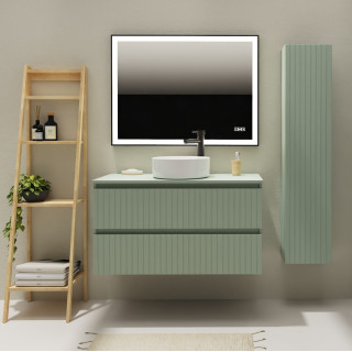 Meuble salle de bain 100 cm pour vasque à poser - Vert strié mat - A suspendre - Karaib 2