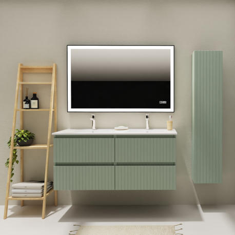 Meuble salle de bain 120 cm - Double vasque céramique - Vert strié mat - A suspendre - Karaib 2