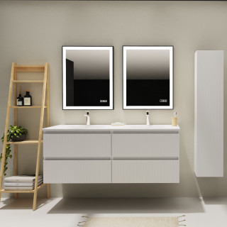 Meuble salle de bain 140 cm - Double vasque Solid surface - Blanc strié mat - A suspendre - Karaib 2