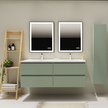 Meuble salle de bain 140 cm - Double vasque Solid surface - Vert strié mat - A suspendre - Karaib 2