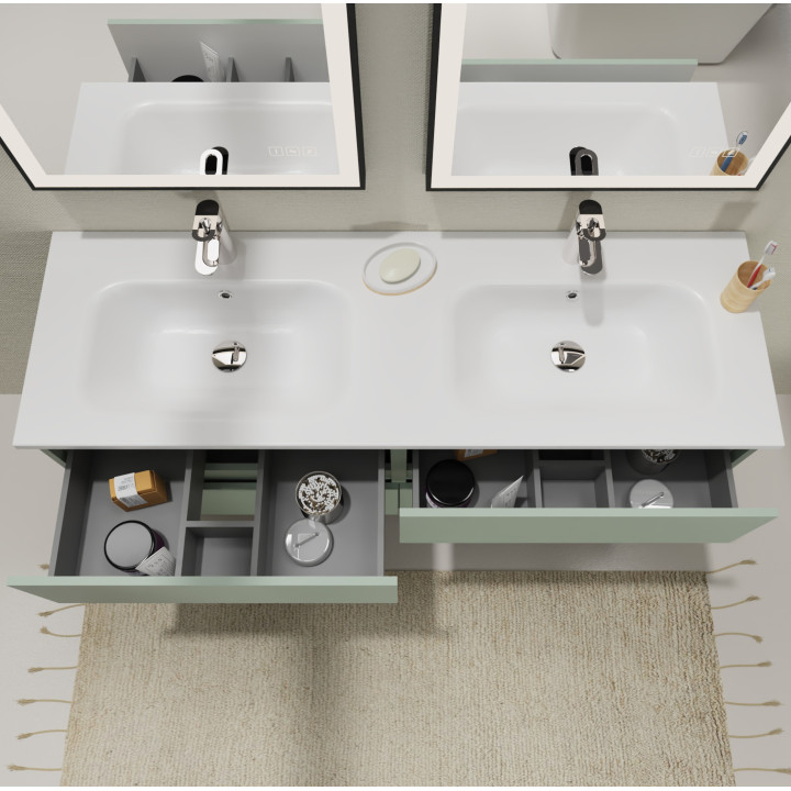Meuble salle de bain 140 cm - Double vasque Solid surface - Vert mat - A suspendre - Karaib 2