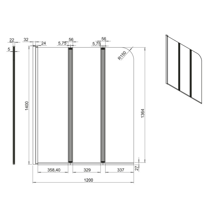 Pare-baignoire 3 volets pivotants design 120x140 cm aluminium chromé 5 mm - Kordo