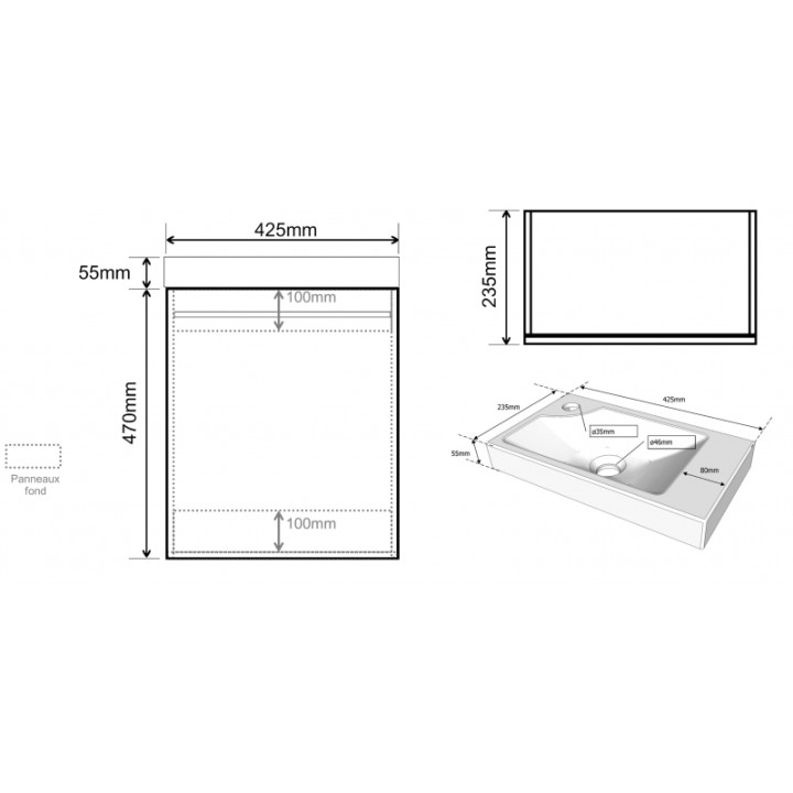 Pack lave-mains Noir Mat avec poignée Noir mat avec vasque - Robinetterie Eau froide à gauche - L.42.5 X H. 52.5 cm - Hamac 2