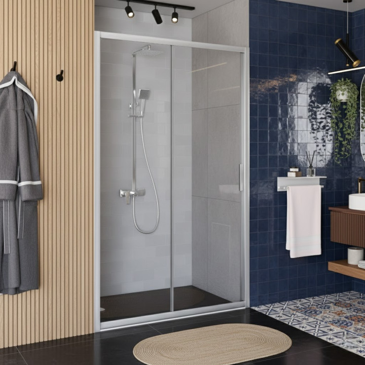 Porte de douche coulissante 140x200 cm Aluminium chromé 6 mm anticalcaire réversible Laja