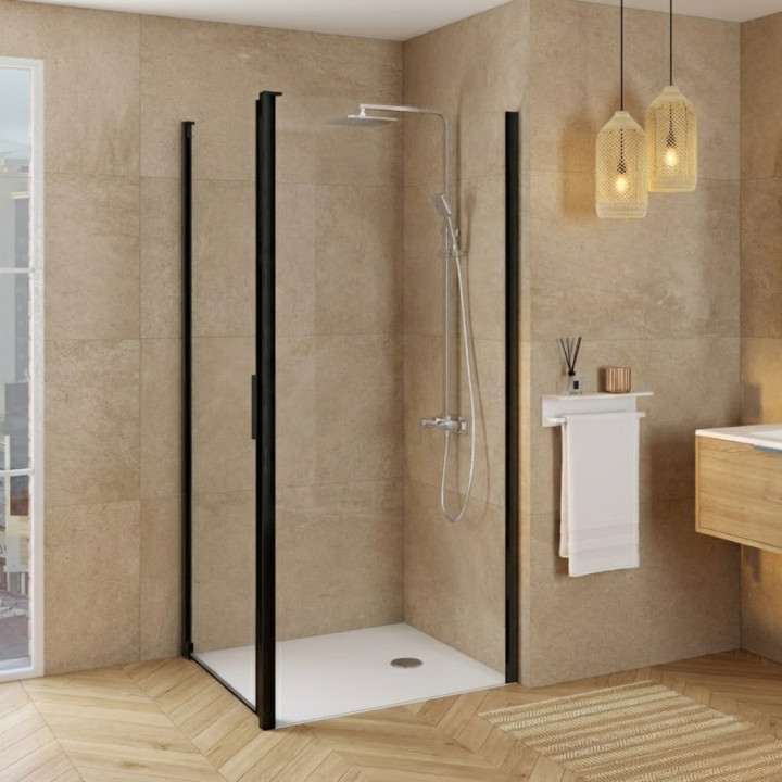 Paroi de douche retour fixe pour porte de douche pivotante 76.5-79x200 cm noir mat Laja
